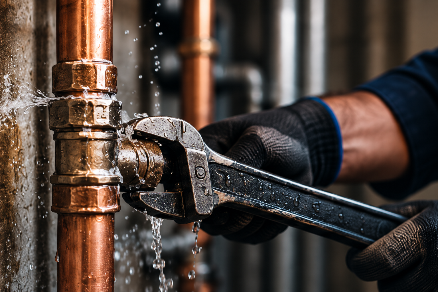 Plumber using a wrench to repair a leaking copper pipe