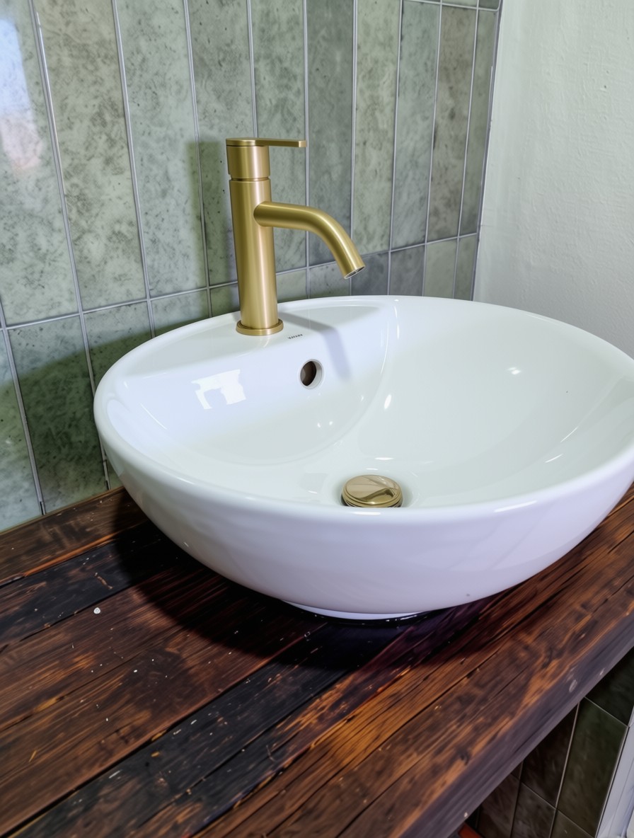 White round basin with a brushed brass tap on a timber counter