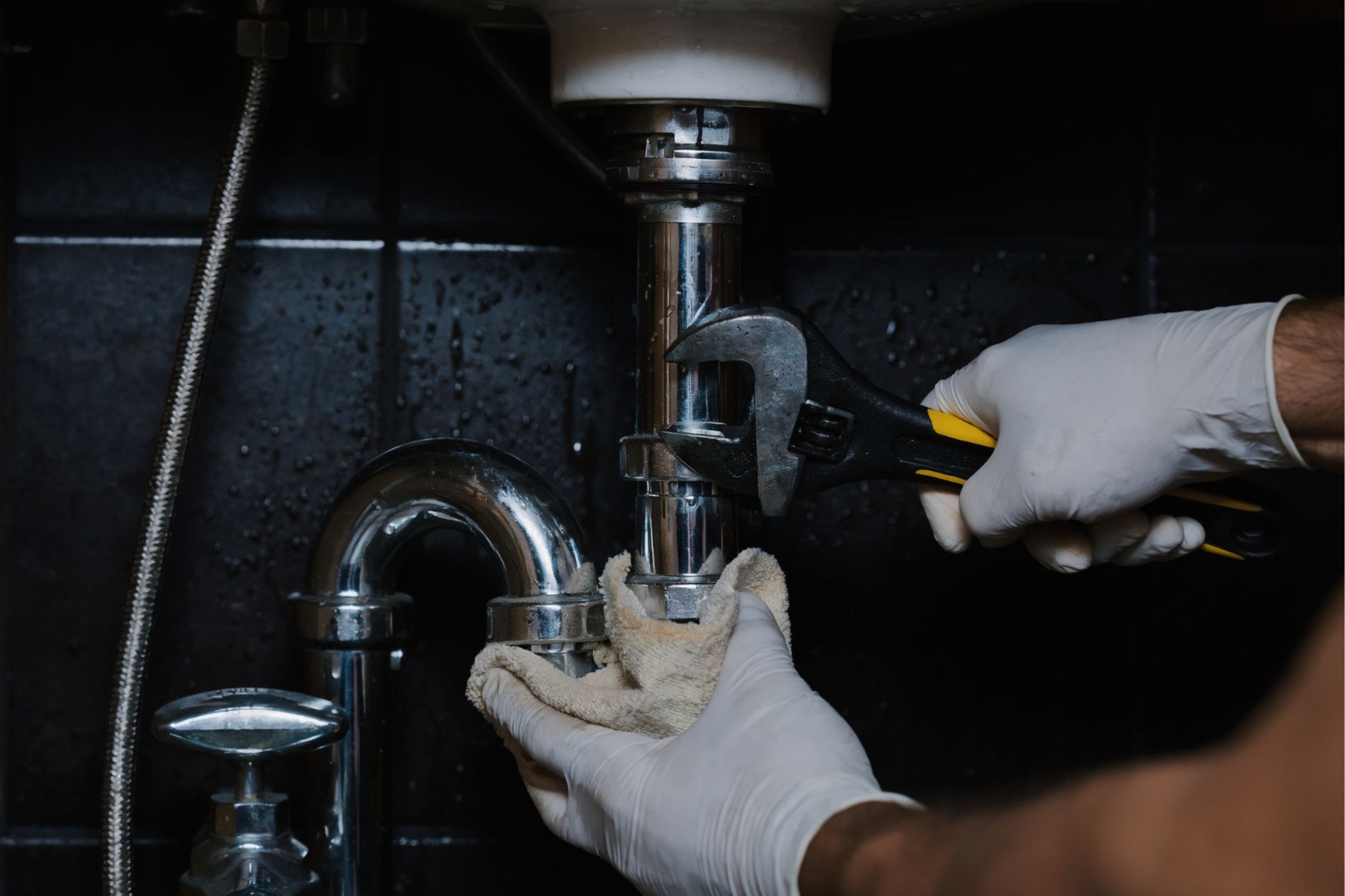 Marais Plumbing plumber tightening a chrome pipe connection with a wrench under a bathroom basin