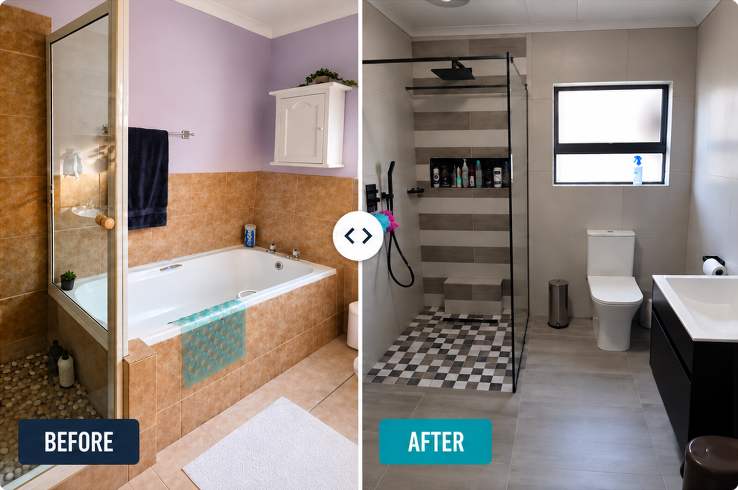 Before and after comparison of a bathroom upgraded with a walk-in shower and new fixtures