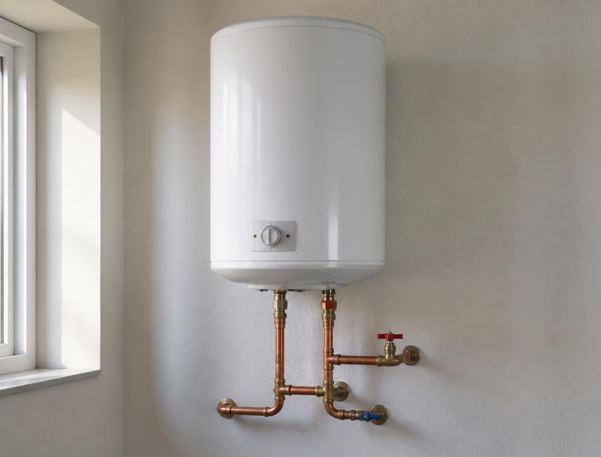 Electric geyser with neat copper pipework installed on a wall